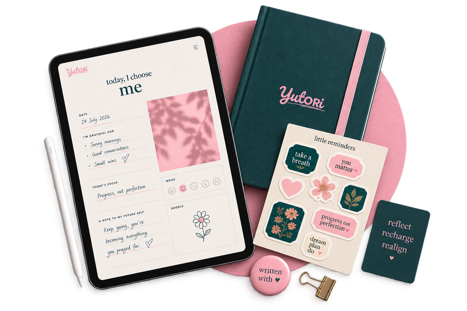 Yutori digital journal on a tablet with stylus, journal, stickers and stationery